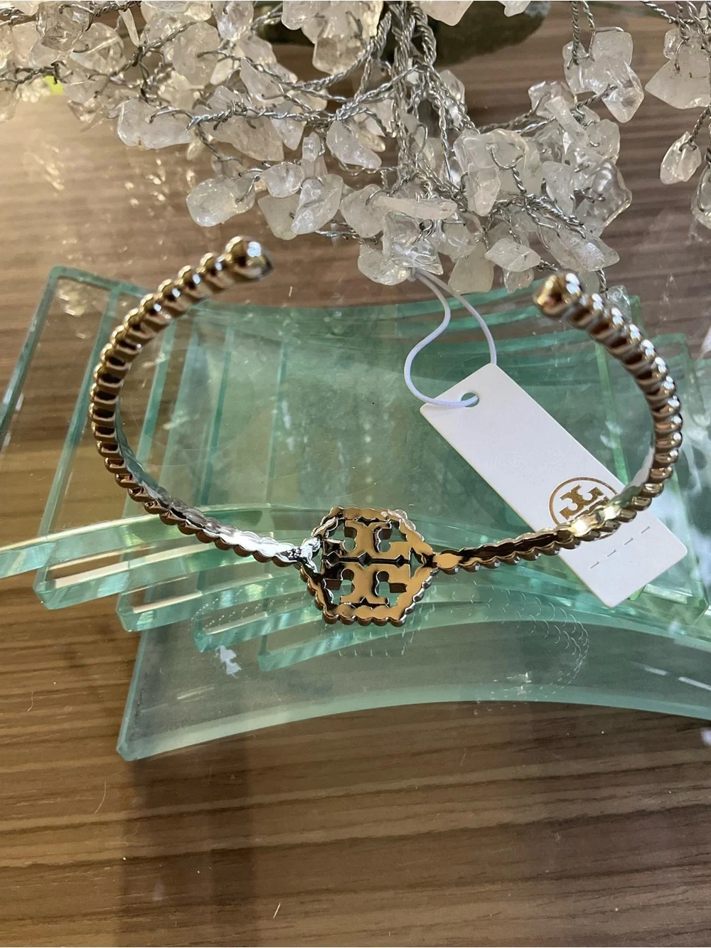 Tory Burch Silver Hexagon Logo Rope Cuff Bracelet